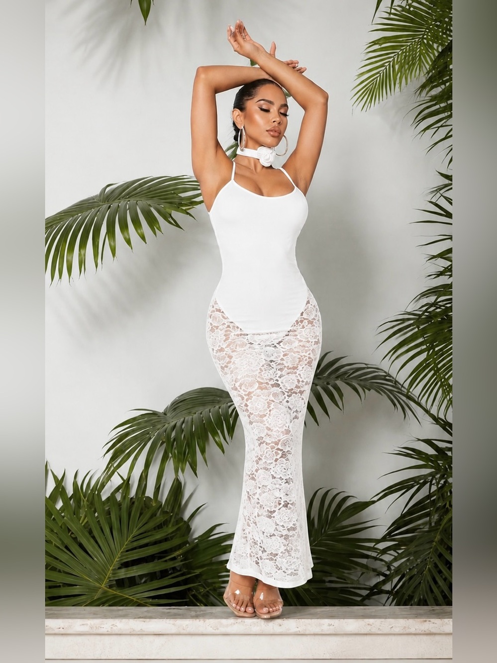 White Lace Dress French Style Elegant 3d Flower Neck, Small